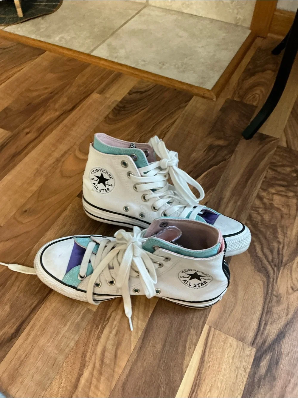 Converse White High Top Sneakers with Mint and Purple Accents
